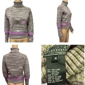 Metropolis Wool Blend Vintage Knit Loop Turtleneck Purple Accent Sweater Size M